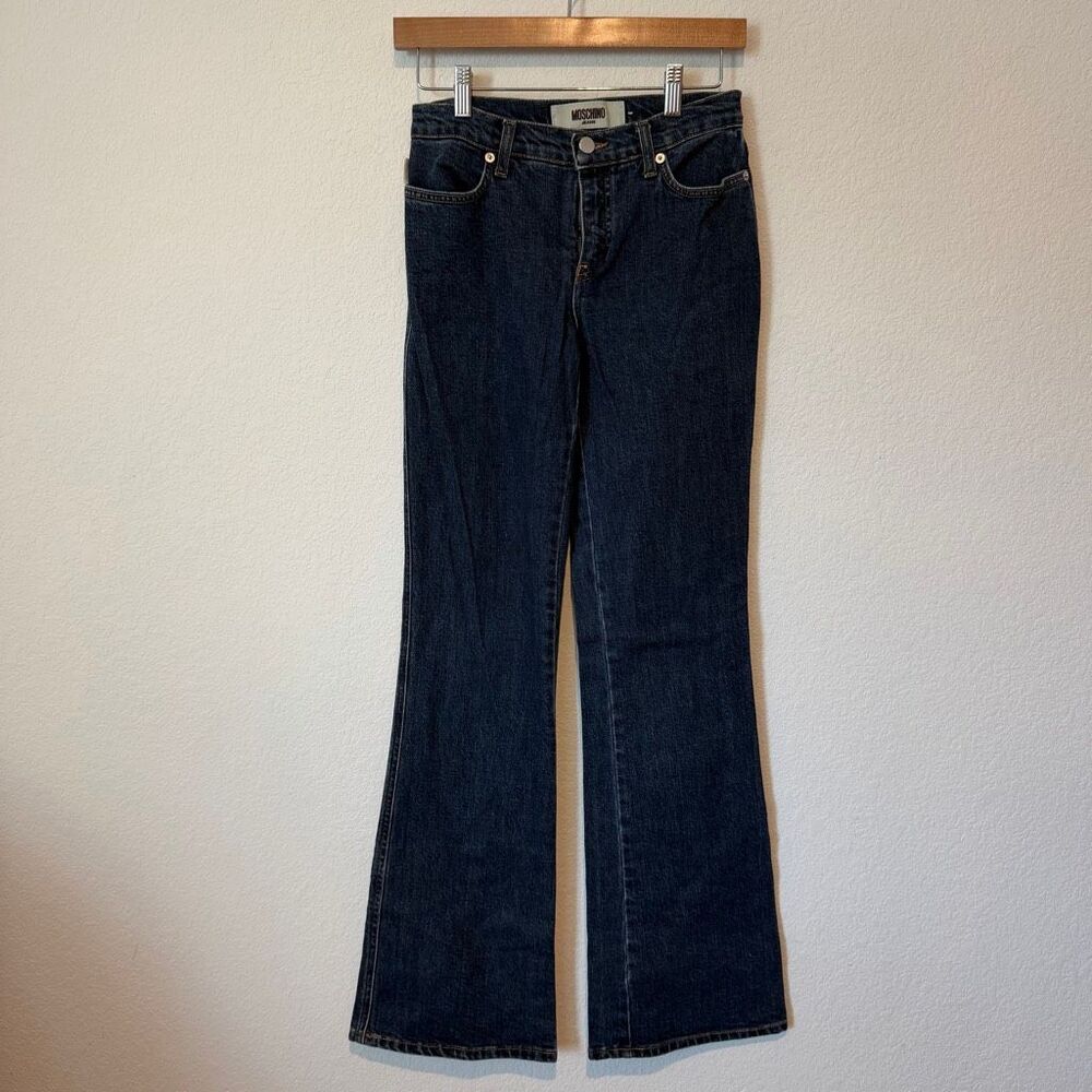 Moschino Dark Wash Blue Stretch Denim Flare Wide Leg Jeans Women's Size 26